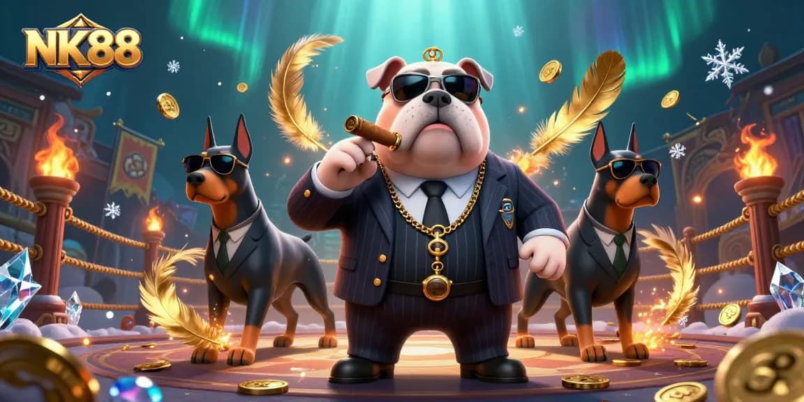 NK88's exciting fighting scene showing a cartoon mafia bulldog and Doberman bodyguards amidst gold coins and vibrant visual effects.