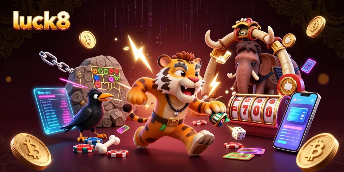 Engage in the thrilling world of luck8 with high-energy 3D casino illustration featuring cavemen and crypto elements.