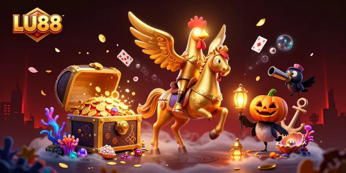 LU88 engage in lively casino adventures with unique 3D characters amidst treasures and playing cards.