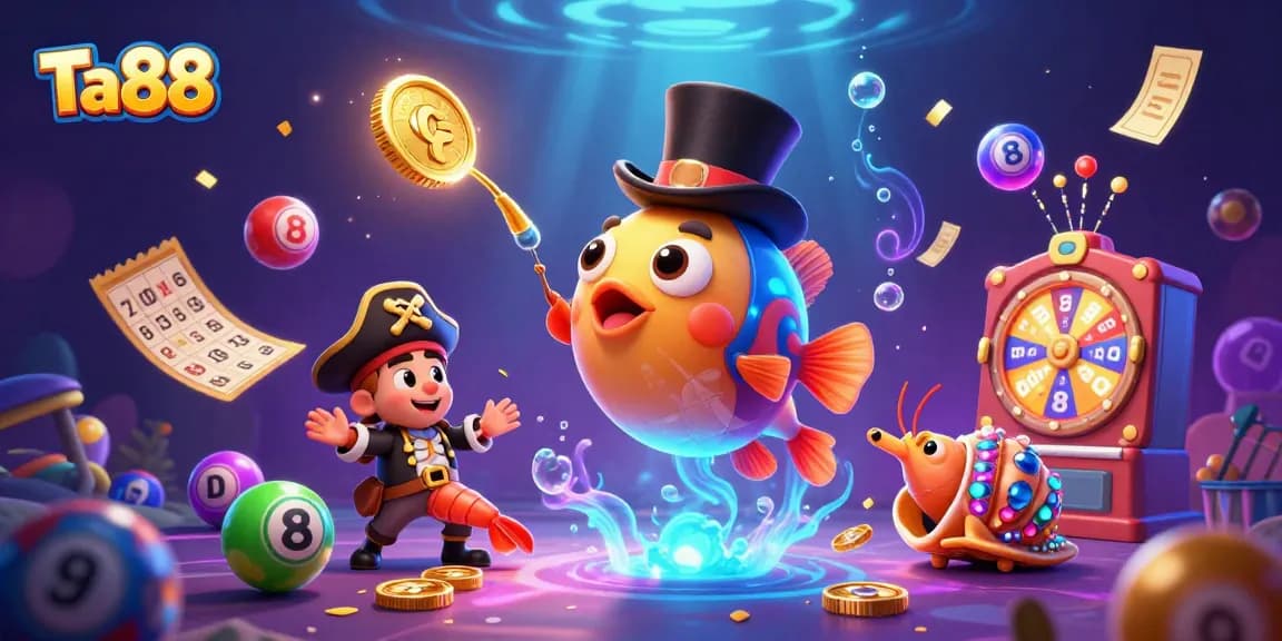 Engage with Ta88 as the anglerfish attracts coins amidst colorful casino elements in a vibrant underwater scene.