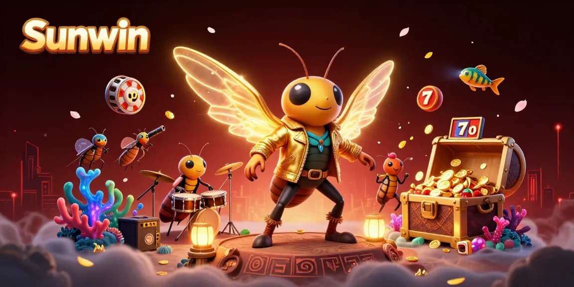 Place bets and win big with Sunwin in this dynamic 3D casino scene featuring vibrant characters and gaming elements.
