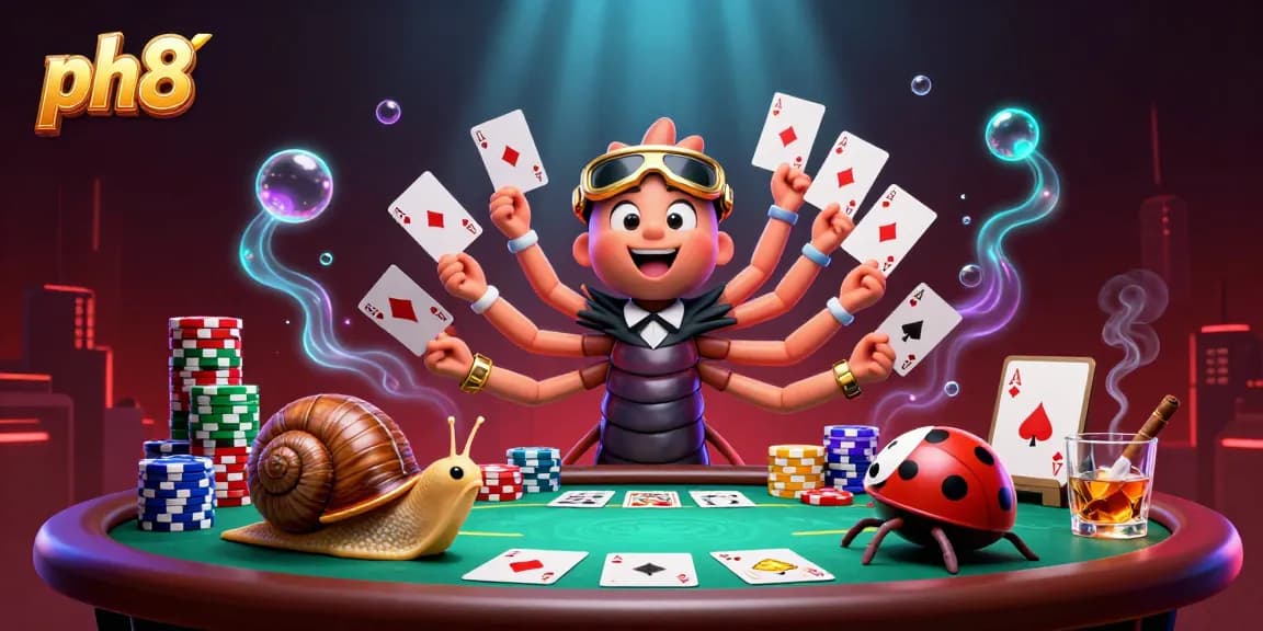 Engage in thrilling poker with ph8's cartoon characters in a vibrant casino scene