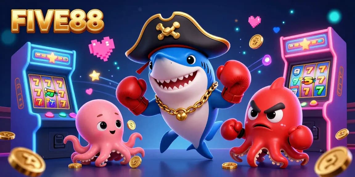 Experience FIVE88's thrilling casino adventure with a vibrant pirate shark, pufferfish, and octopus.