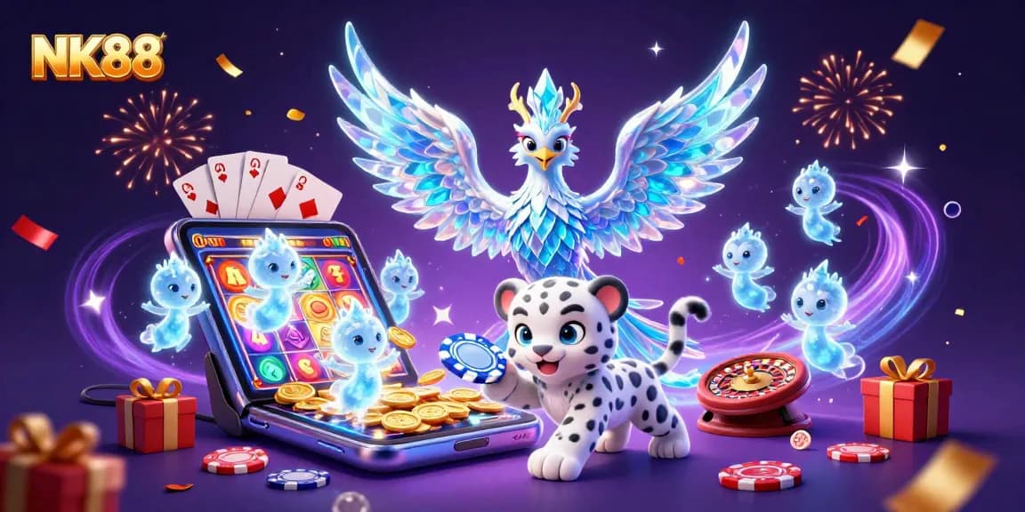 NK88 celebrates with vibrant casino elements, showcasing an ice phoenix and snow leopard in a lively gaming scene.