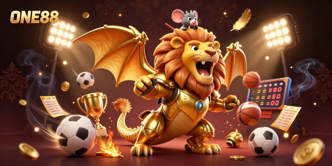 Experience thrilling sports betting excitement with ONE88 featuring a golden chimera and sports elements dazzling in 3D action.