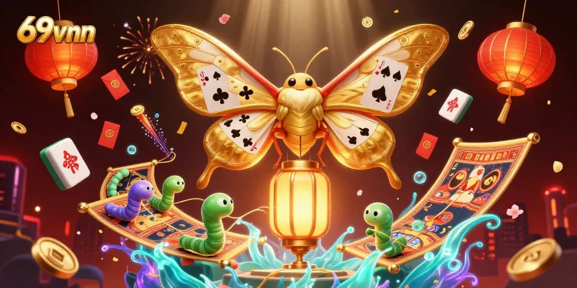 Engage with the vibrant casino world of 69vnn featuring a majestic atlas moth amidst dynamic gaming elements.