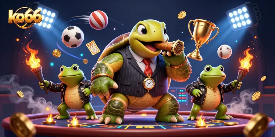 Experience the excitement of ko66 with a vibrant 3D casino scene featuring a turtle in a pinstripe suit.