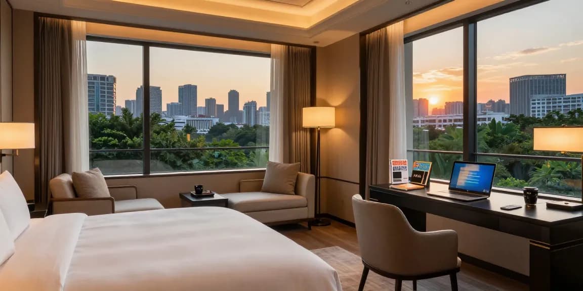 Modern Carter Hotel room showcasing rokok88 amenities with city skyline in view