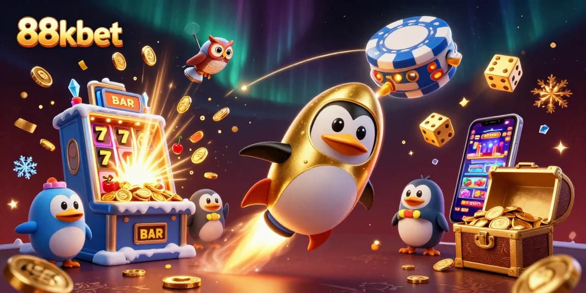 Experience the thrill of 88kbet with a dynamic casino scene featuring a golden penguin and slot machine.