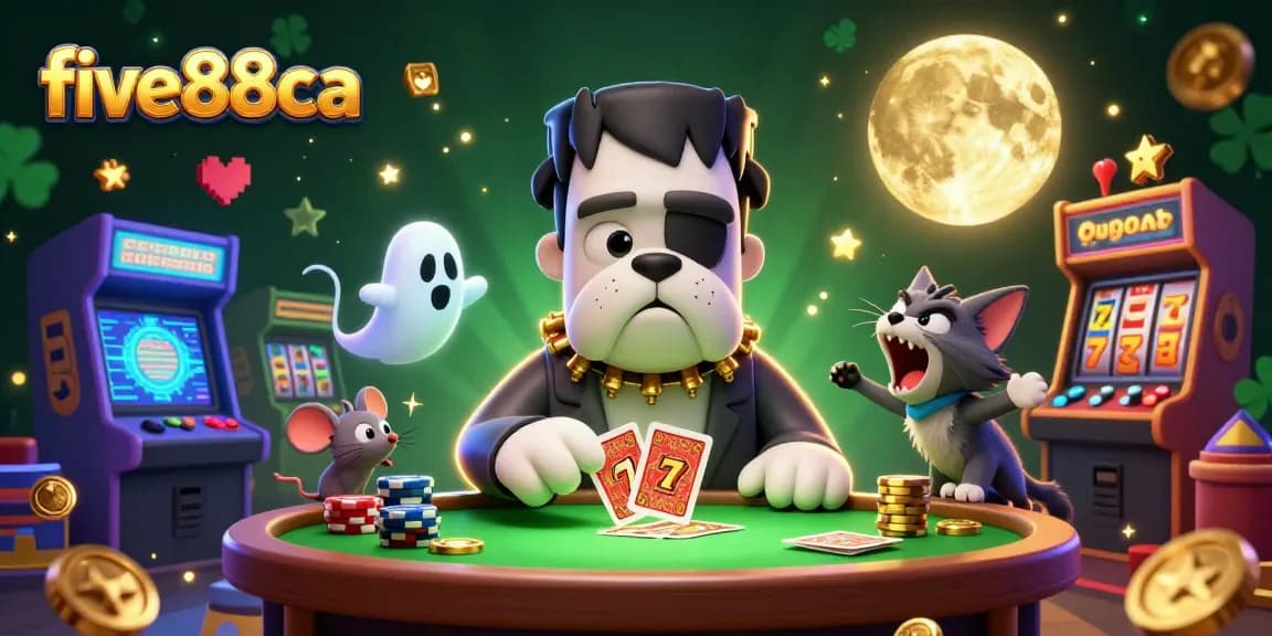 Play with five88ca at a vibrant casino scene with exciting characters and games.
