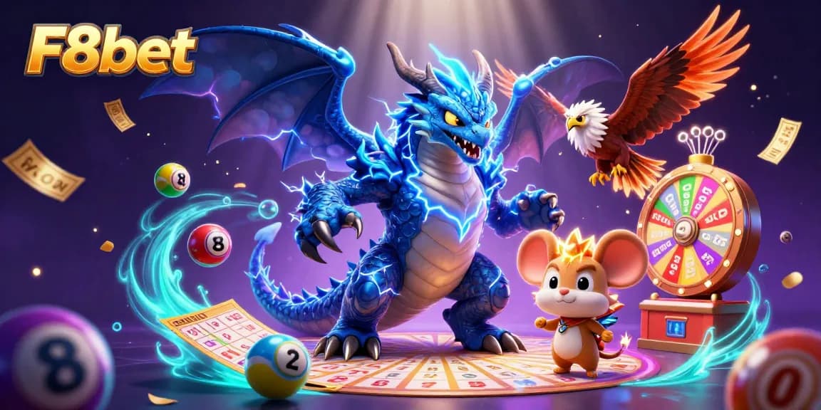 Engage with F8bet's vibrant lottery scene, showcasing colorful elements and dynamic characters.