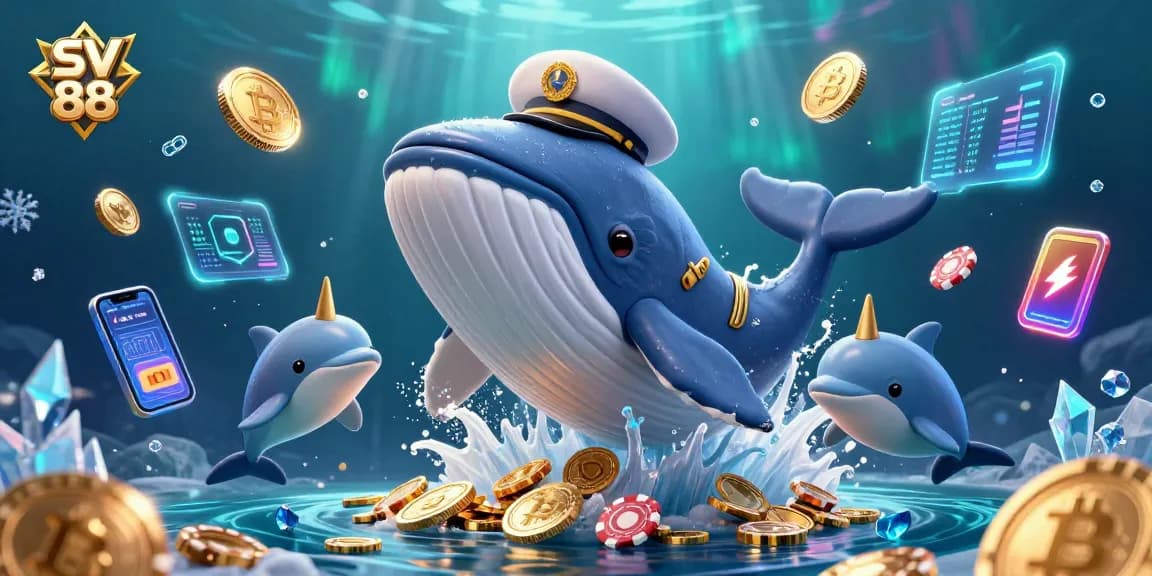 SV 88 players explore exciting jackpots swimming with a playful 3D whale amidst glowing coins.