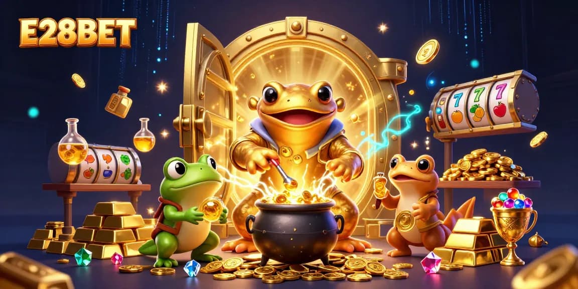 E28BET unleashes epic wins with a vibrant 3D casino illustration of gold coins, slots, and enchanting characters.