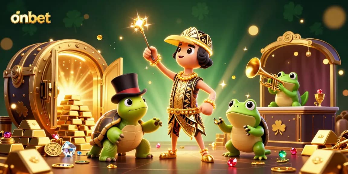 Onbet offers exciting gaming experiences with 3D characters at a vibrant casino scene.