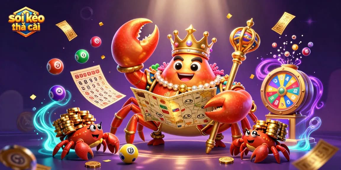 Savor the excitement of soi kèo nhà cái with a vibrant illustration showcasing a golden crab emperor amidst lottery balls and casino elements.