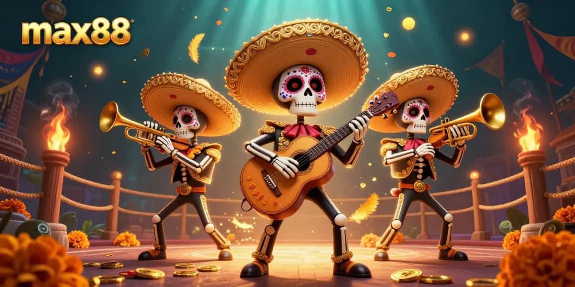 Engage with max88's vibrant Day of the Dead skeleton mariachi band amidst swirling casino elements.