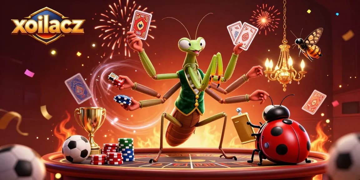 Xoilacz sports betting illustration with a giant mantis card sharp and ladybug pit boss, vibrant gaming scene