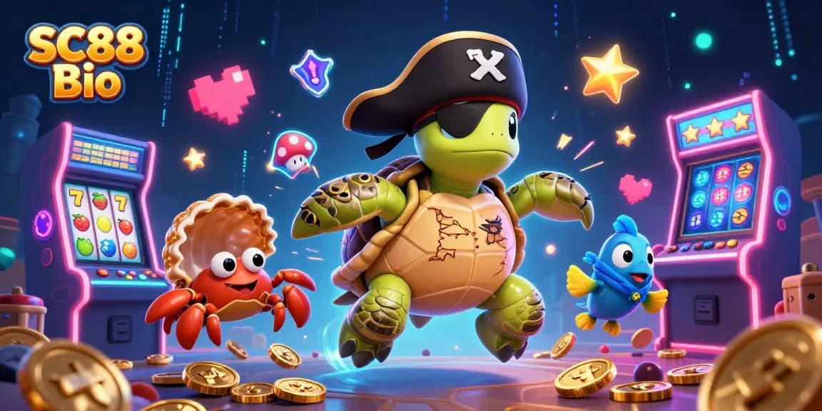 Engage with SC88 Bio's vibrant 3D cartoon scene of a pirate turtle amidst thrilling slot machines.