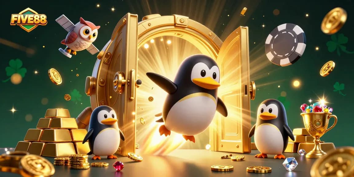 Experience the vibrant gaming world of FIVE88 with a golden penguin racing to a poker chip casino!