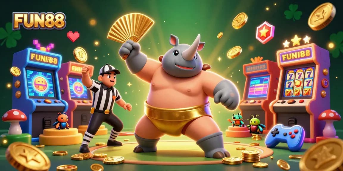 Experience thrilling action at FUN88 with a 3D cartoon rhinoceros beetle sumo champion amid a dynamic casino scene.
