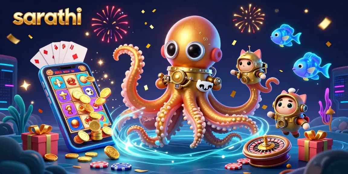 Engage in thrilling gaming adventures with sarathi's entertaining slot games, showcased in a vibrant 3D casino scene.
