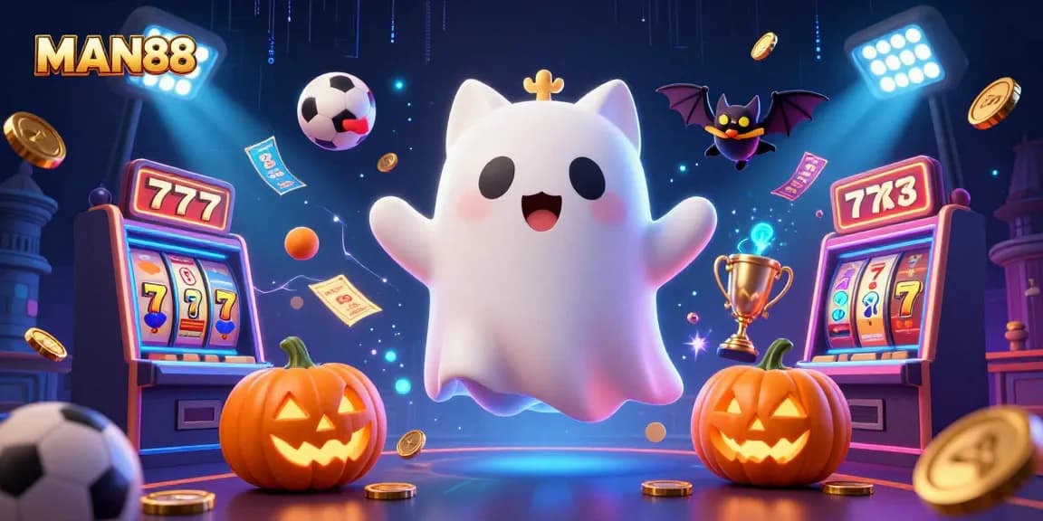 MAN88 showcases a ghost cat and vampire bat enjoying vibrant casino elements and sports action.