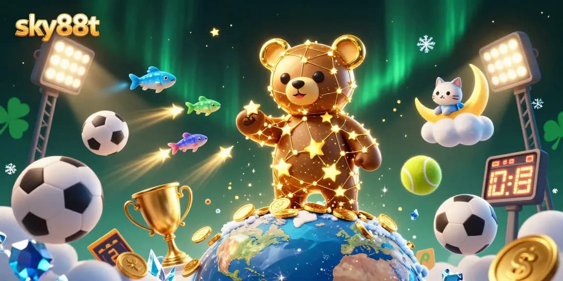 Engage with sky88t's thrilling casino world, featuring a dynamic illustration of a constellation bear surrounded by sports elements and golden coins.