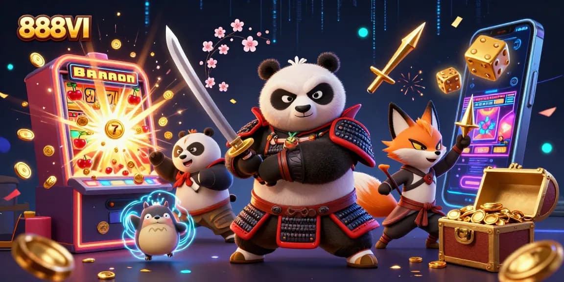 Experience thrilling gameplay at 888VI with samurai panda, ninja fox, and tanuki in action.