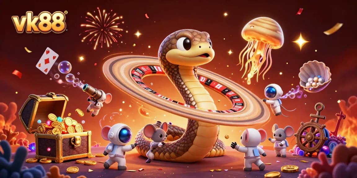Engage with vk88's cosmic casino scene featuring animated snakes and astronaut mice betting.