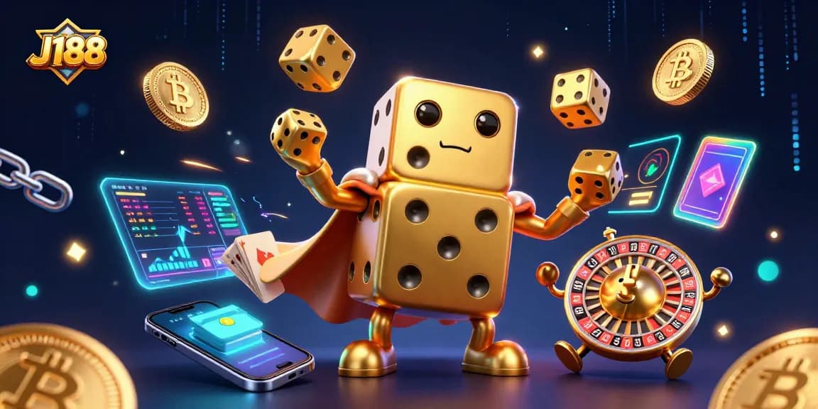 Engage with J188’s dynamic gaming scene featuring golden dice, crypto coins, and vibrant casino elements.