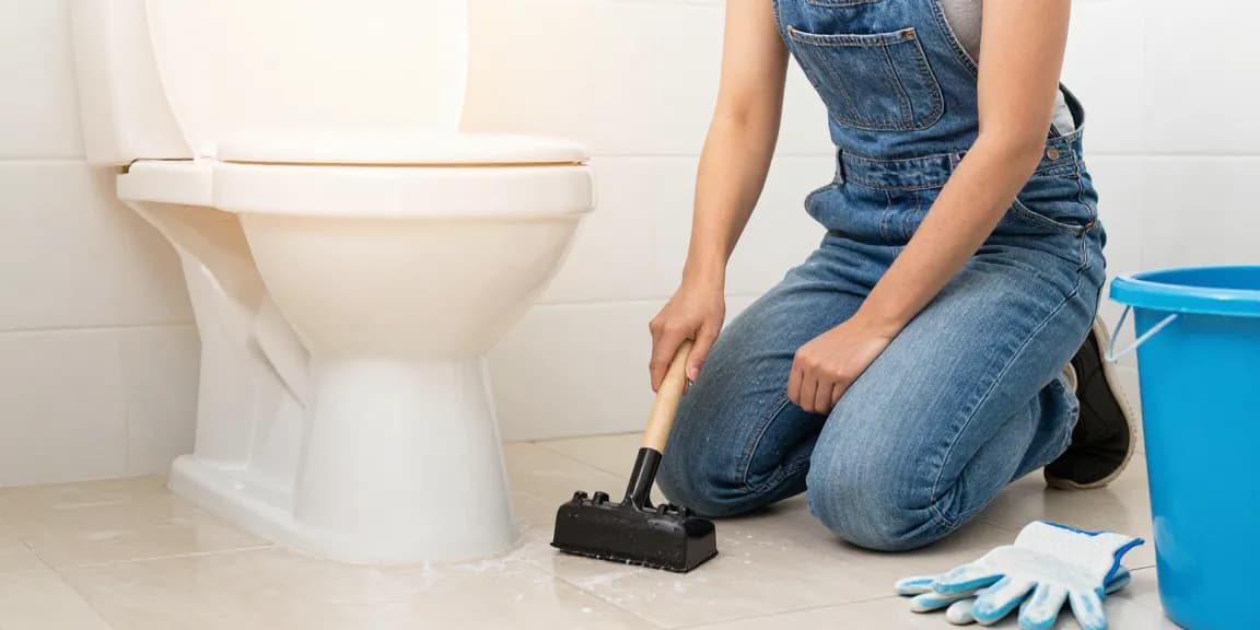 Verstopte wc ontstoppen in een heldere badkamer met een persoon die een plunjer gebruikt.