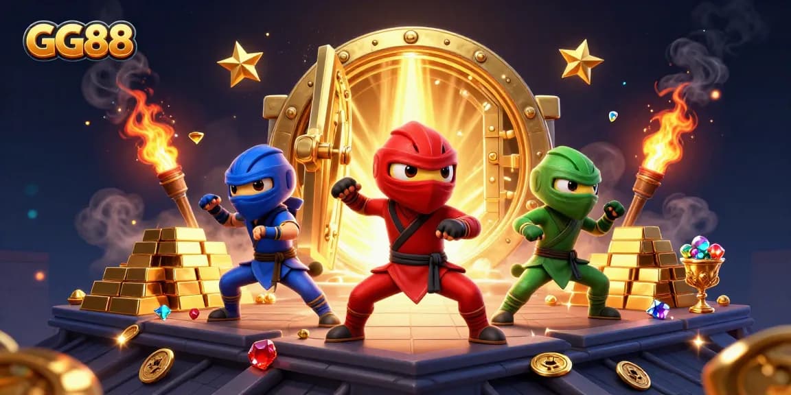 Experience the excitement of GG88 with ninja chameleons amidst treasure in a lively casino atmosphere.