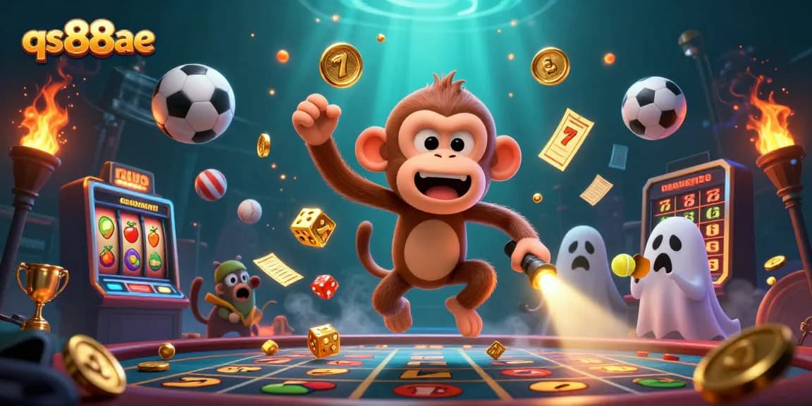 Engage in thrilling play at qs88ae, showcasing a poltergeist monkey juggling casino prizes amid flying sports elements.