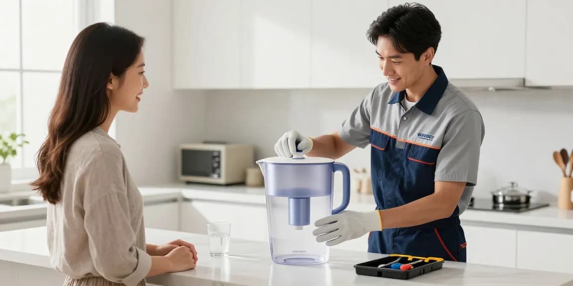 Local services technician expertly installing Waterdrop ED01AW Electric Water Filter Pitcher at a community-focused home.