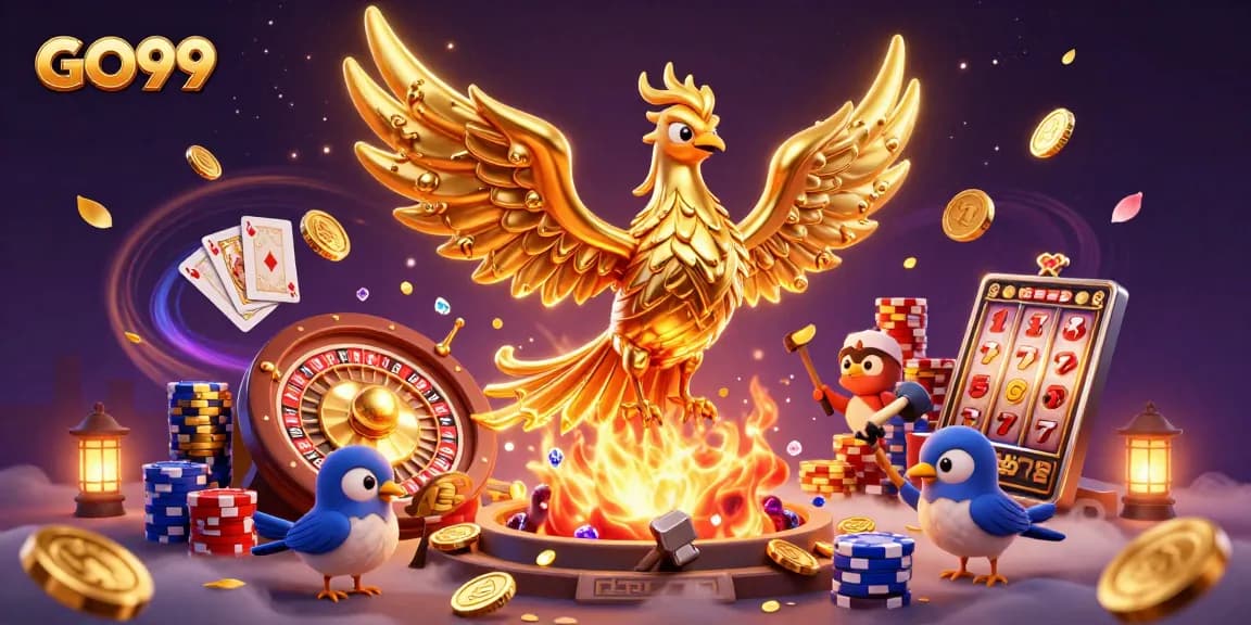 Witness the GO99 phoenix soar amidst golden coins and vibrant casino elements.