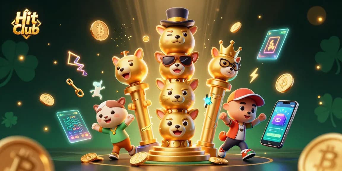 Engage with Hit Club's vibrant gaming atmosphere filled with animated characters and crypto elements.