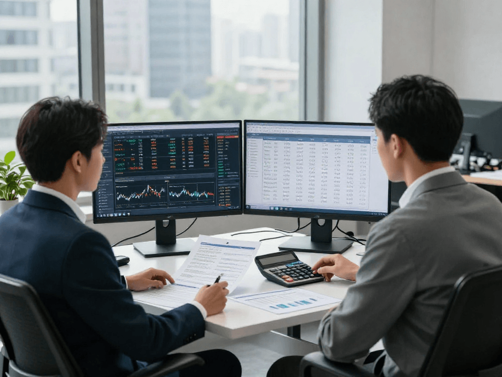 Vergelijk actuele rente sparen met een financieel analist aan een modern bureau, rekenmachine en rapporten aanwezig.