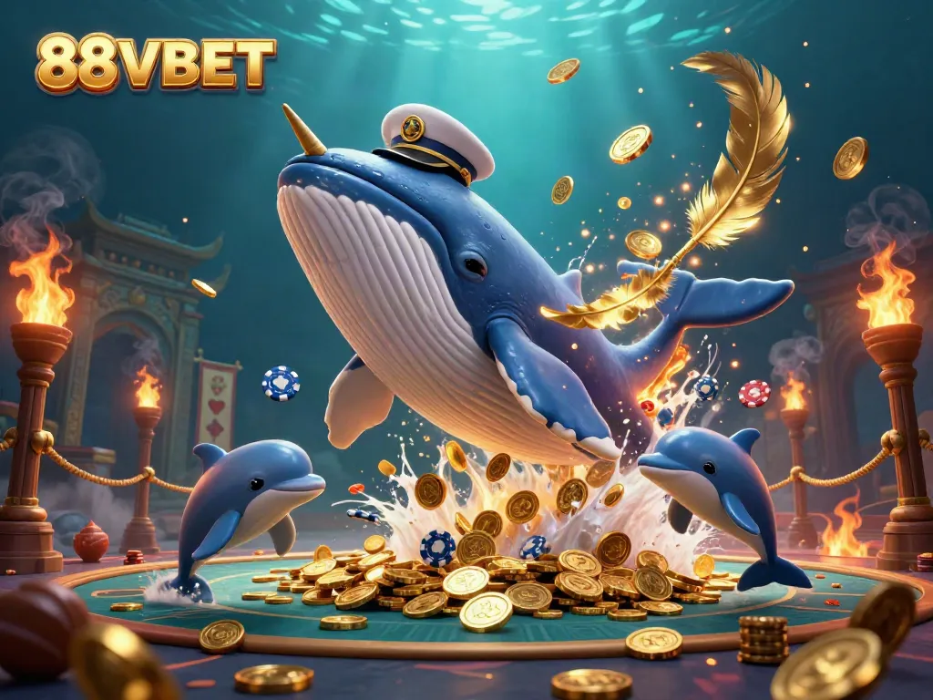 Experience the thrill of 88VBET with playful dolphins and a golden whale amidst a sea of coins.