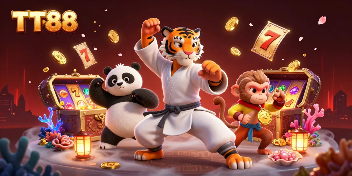 TT88 themed illustration showcasing a kung fu tiger master in a vibrant casino with slot reels and treasure