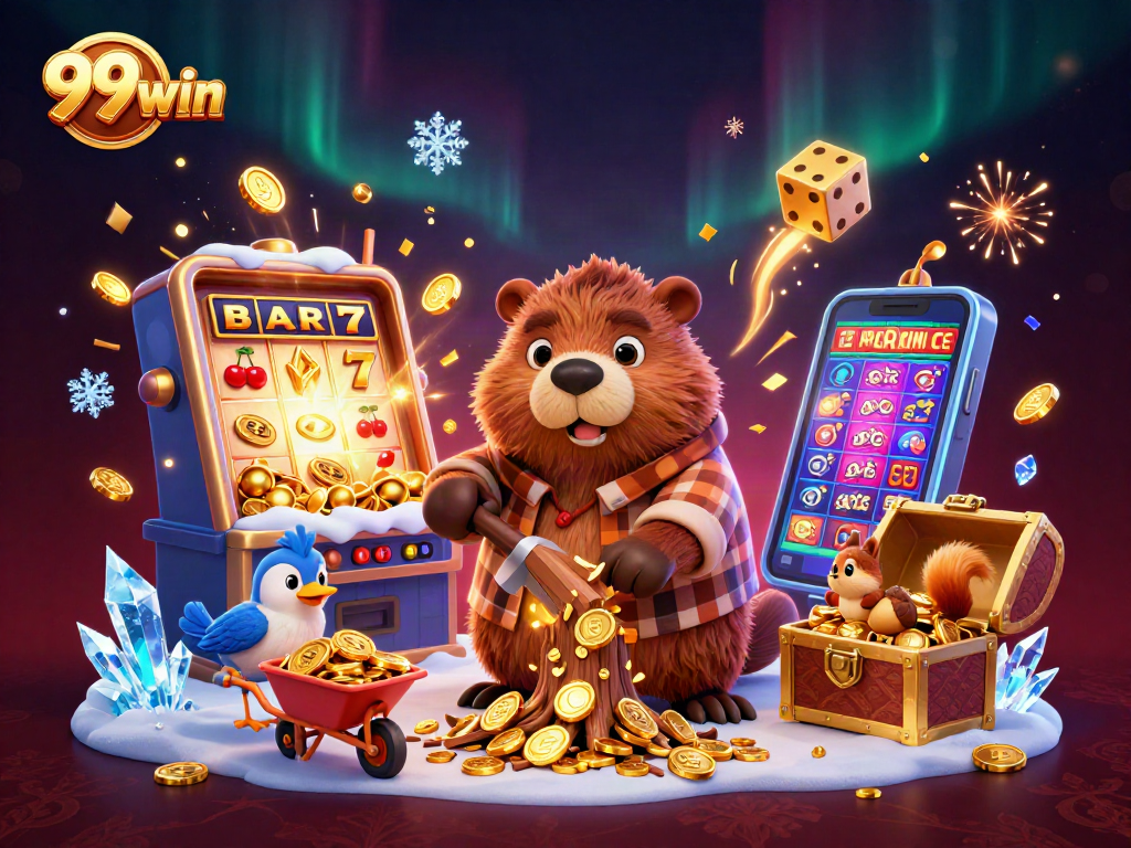 Chop trees for coins with 99win's cartoon beaver in a rich casino scene.