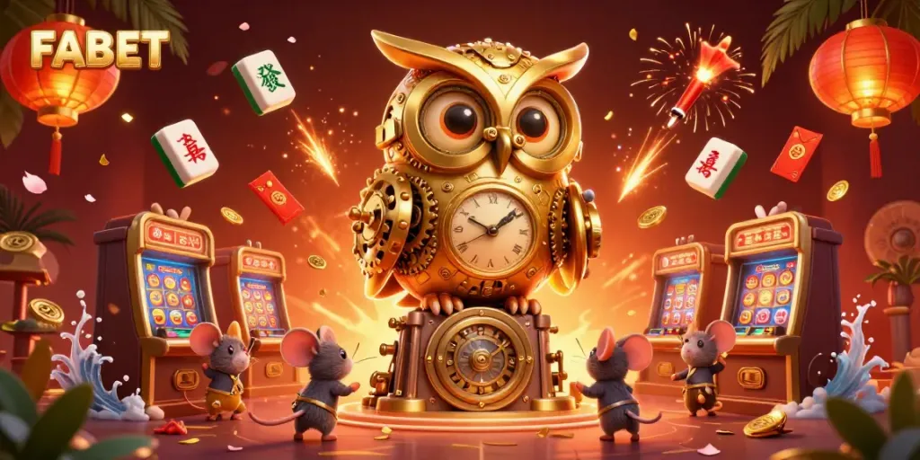 FABET showcases a dynamic casino scene with a golden clockwork owl, animated mice, and vibrant gaming elements.