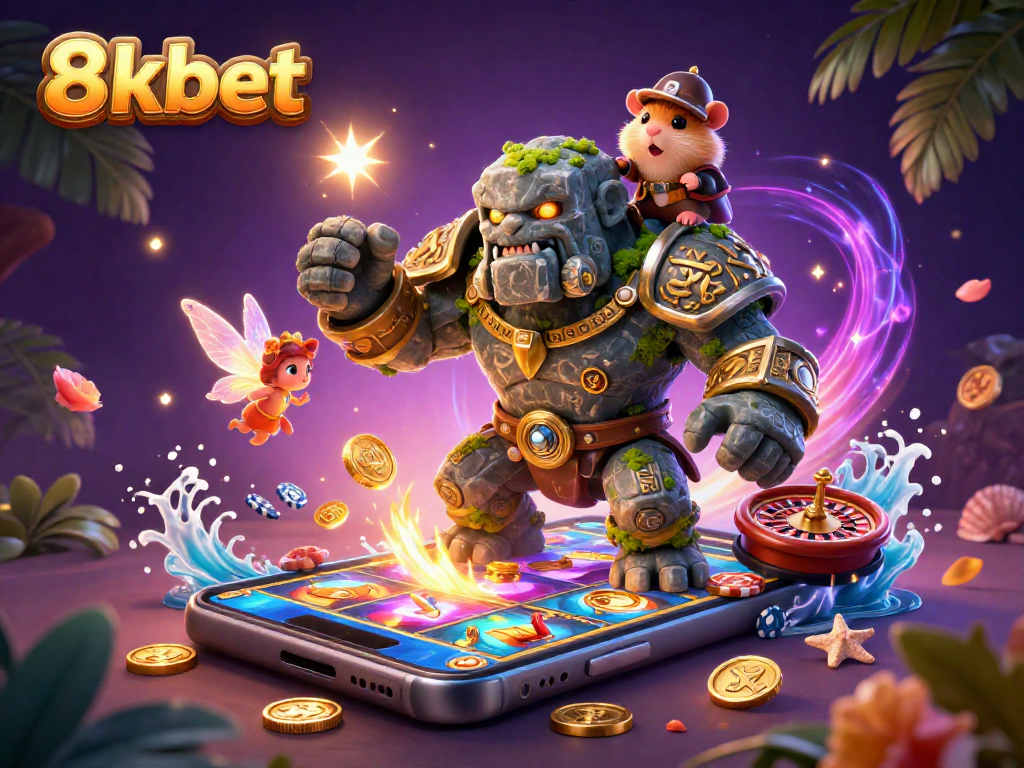 Experience exciting gameplay with 8kbet as the golem guardian and fairy cast spells among casino elements.