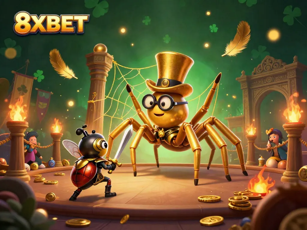 Explore thrilling gameplay at 8XBET with a magical casino atmosphere featuring a golden tarantula and knight.