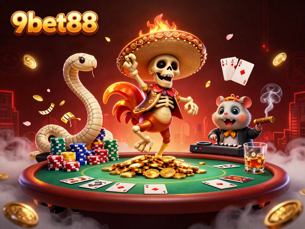Join the festive 9bet88 party where a lively skeleton rooster celebrates poker wins with friends.