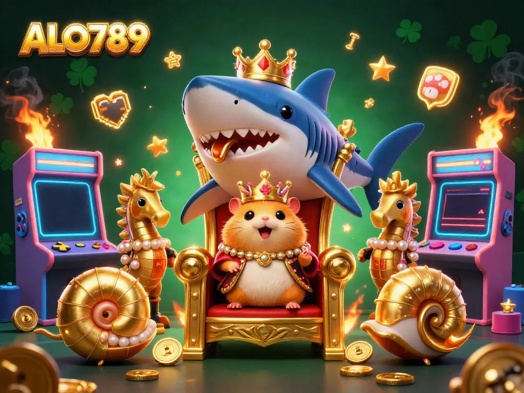 Experience thrilling adventures with ALO789, showcasing a fierce golden hamster king in a vibrant casino scene.