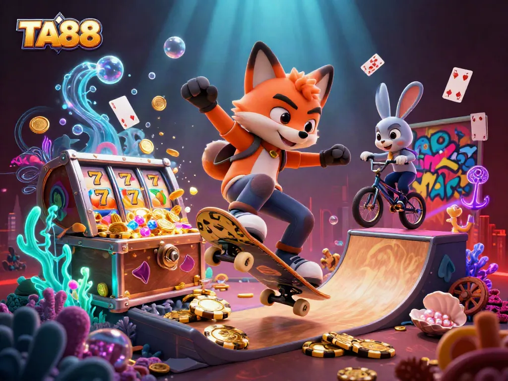 Experience thrilling gaming with TA88: Skateboarding fox and BMX rabbit in vibrant casino scene.