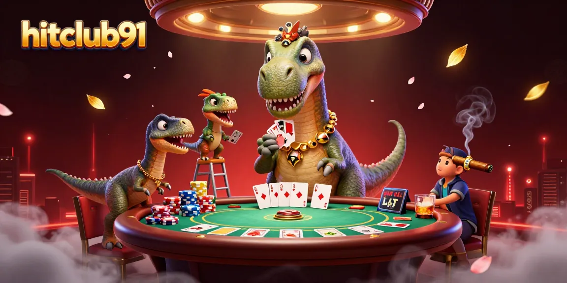 Hitclub91 brings excitement to gaming with a brontosaurus and raptor dealing cards at a vibrant casino.