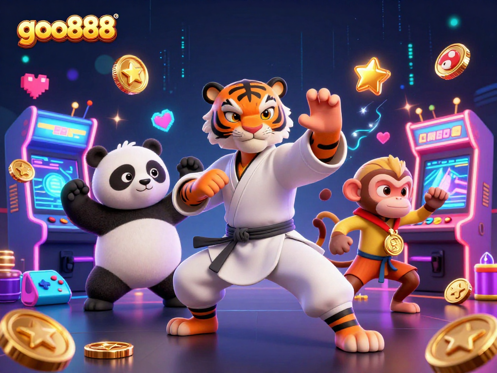 Experience the exciting world of goo888 with a kung fu tiger and panda in a vibrant 3D casino setting.