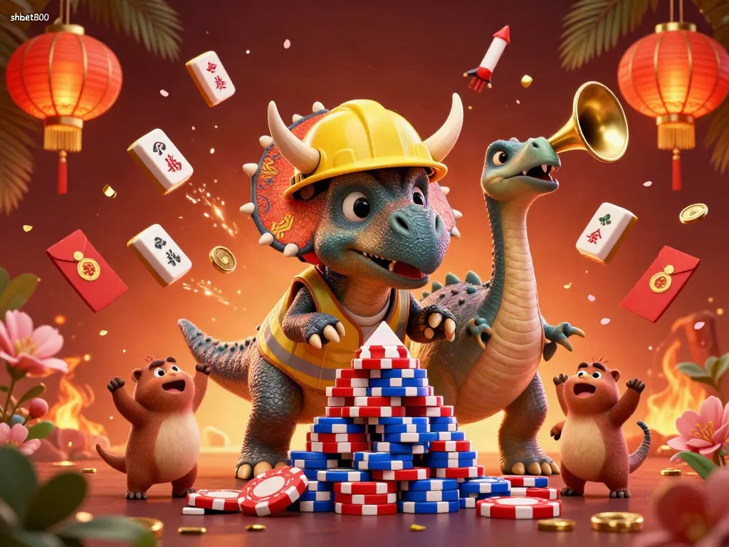 Experience the excitement of shbet800 with a vibrant casino scene featuring playful dinosaurs and colorful gambling elements.