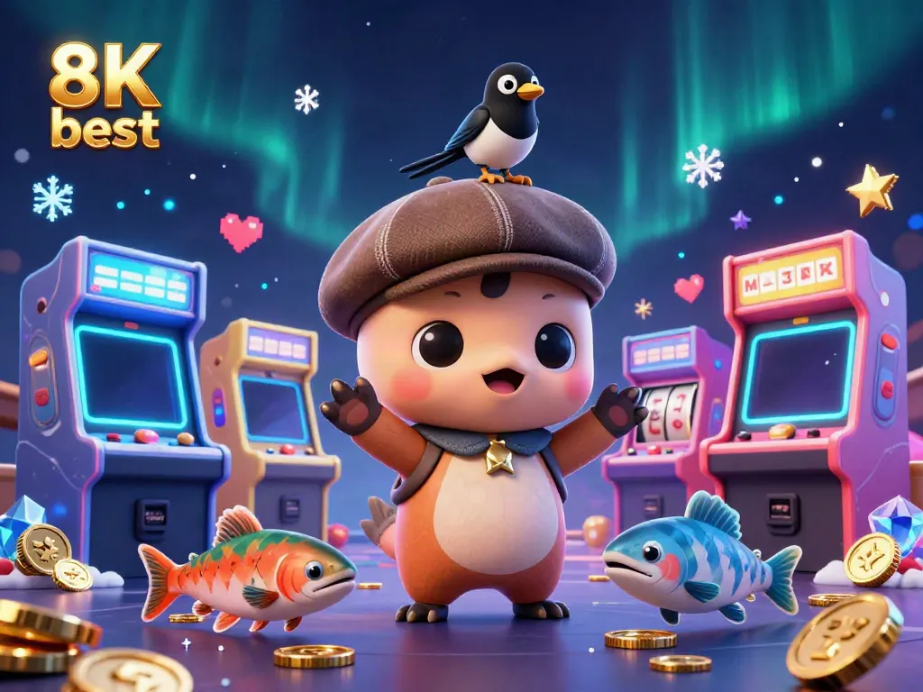 Experience thrilling casino action with 8K best featuring a vibrant 3D scene of lucky characters and slot machines.